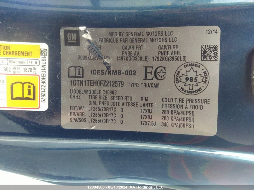 2015 GMC Sierra 1500 VIN: 1GTN1TEH0FZ212579 Lot: 12004505