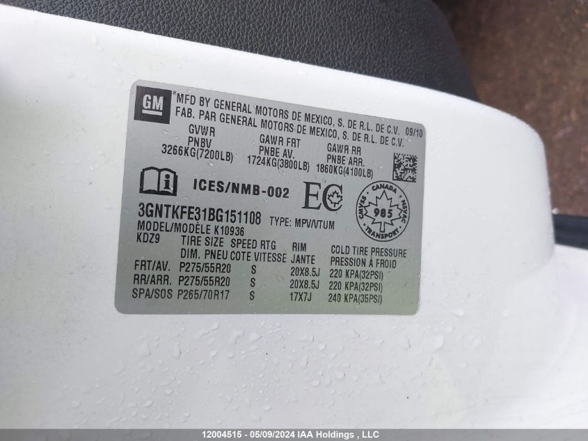 2011 Chevrolet Avalanche VIN: 3GNTKFE31BG151108 Lot: 12004515