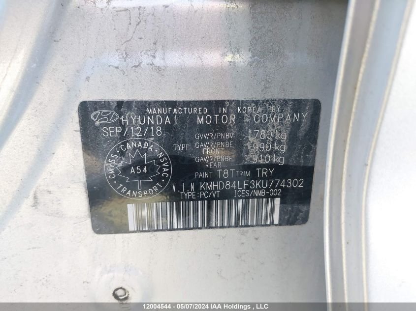 2019 Hyundai Elantra Sel/Value/Limited VIN: KMHD84LF3KU774302 Lot: 12004544