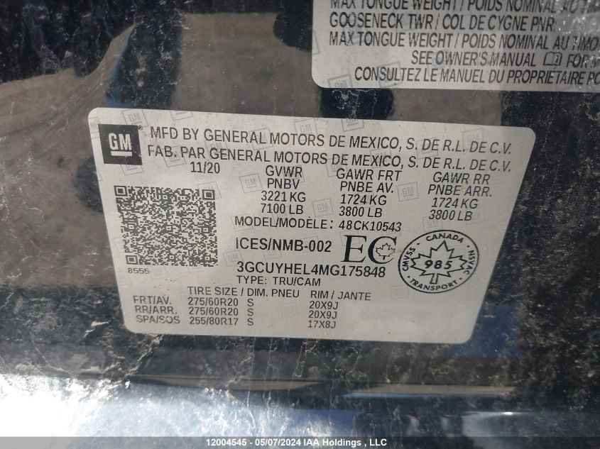 2021 Chevrolet Silverado K1500 High Country VIN: 3GCUYHEL4MG175848 Lot: 12004545