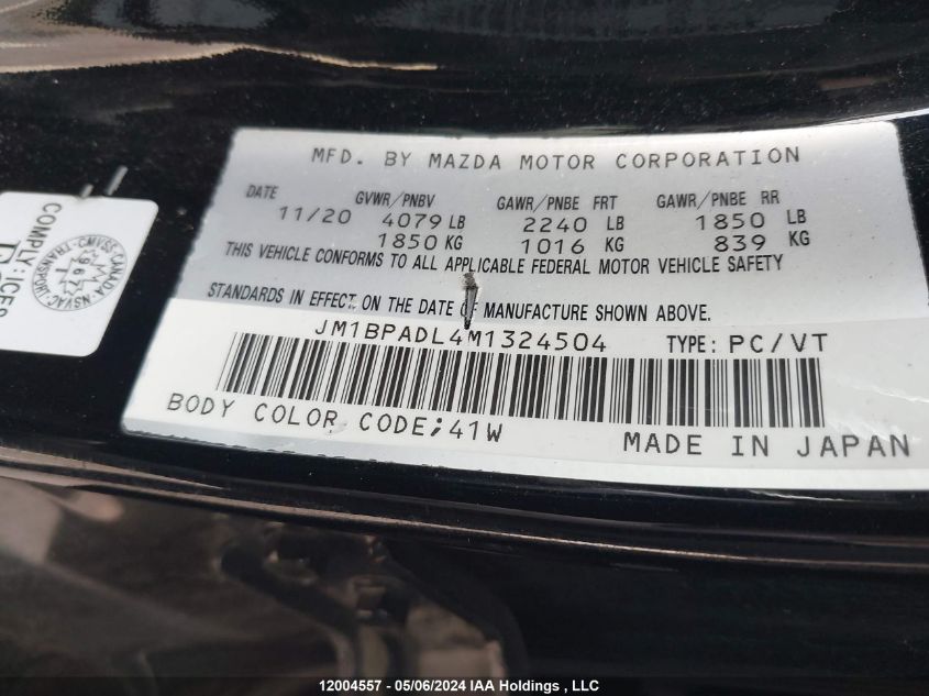 2021 Mazda Mazda3 VIN: JM1BPADL4M1324504 Lot: 12004557