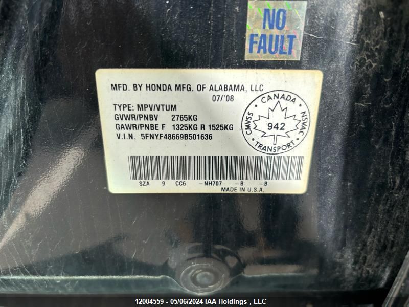 2009 Honda Pilot Exl VIN: 5FNYF48669B501636 Lot: 12004559