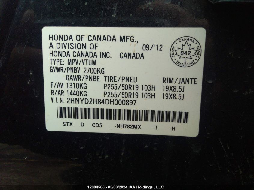 2013 Acura Mdx VIN: 2HNYD2H84DH000897 Lot: 12004563