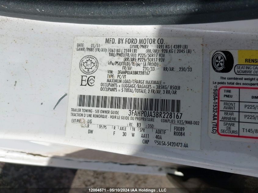 2011 Ford Fusion Sel VIN: 3FAHP0JA3BR228167 Lot: 12004571