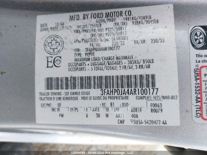 2010 Ford Fusion VIN: 3FAHP0JA4AR100177 Lot: 12004585