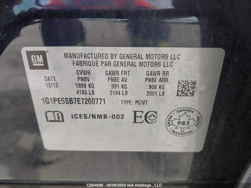 2014 Chevrolet Cruze VIN: 1G1PE5SB7E7260771 Lot: 12004588