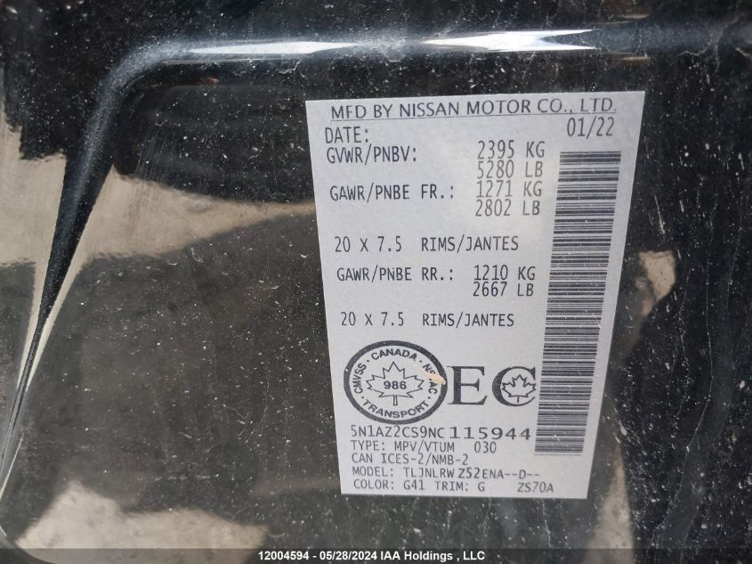 2022 Nissan Murano Sl VIN: 5N1AZ2CS9NC115944 Lot: 12004594