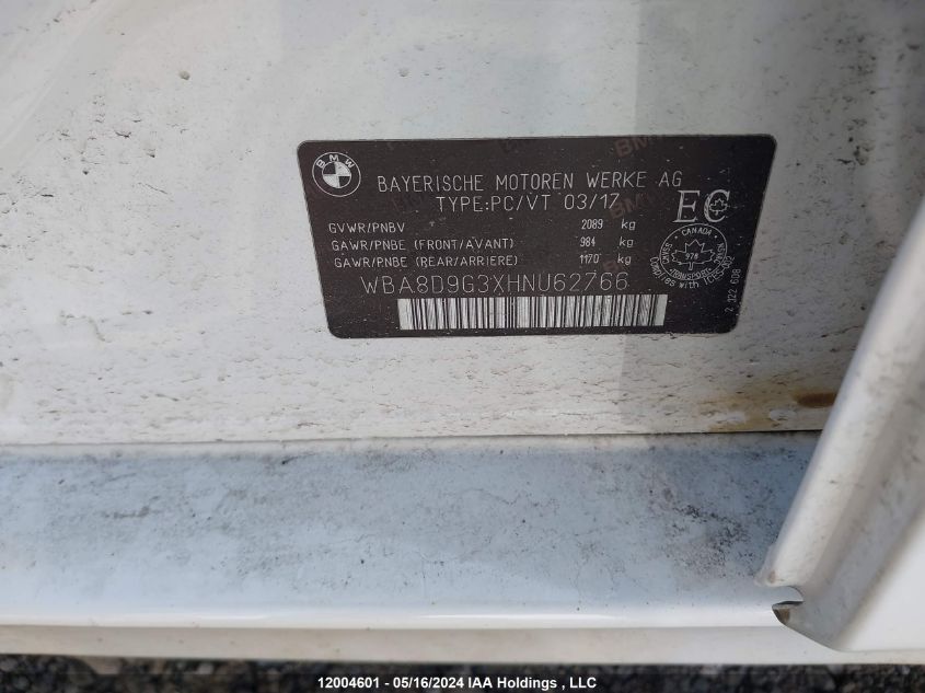 2017 BMW 3 Series VIN: WBA8D9G3XHNU62766 Lot: 12004601
