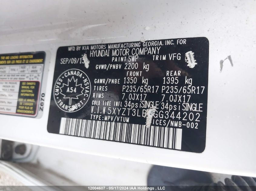 2016 Hyundai Santa Fe Sport 2.4 Base VIN: 5XYZT3LB7GG344202 Lot: 12004607