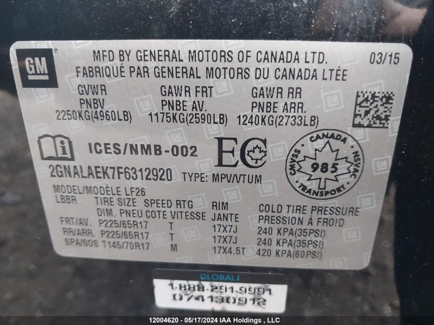 2015 Chevrolet Equinox VIN: 2GNALAEK7F6312920 Lot: 12004620