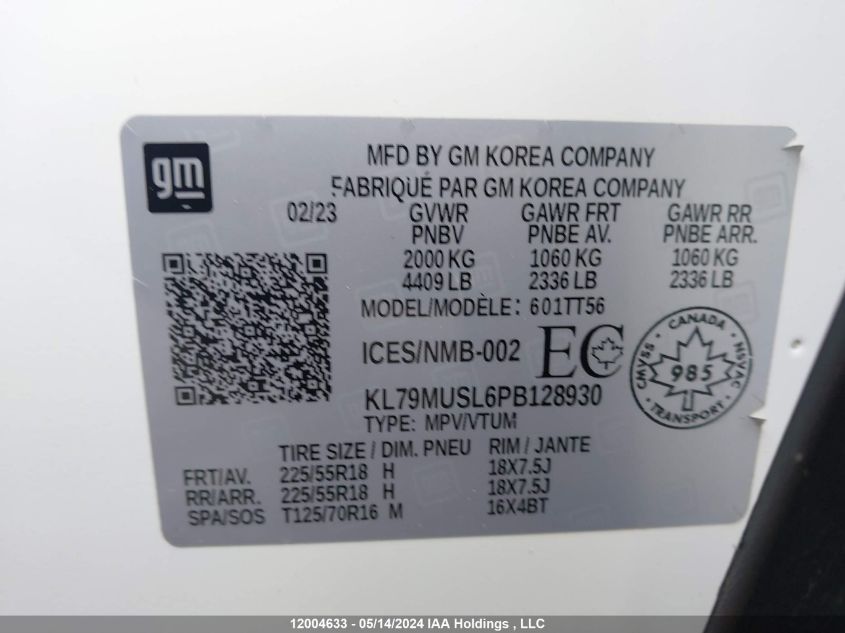 2023 Chevrolet Trailblazer VIN: KL79MUSL6PB128930 Lot: 12004633