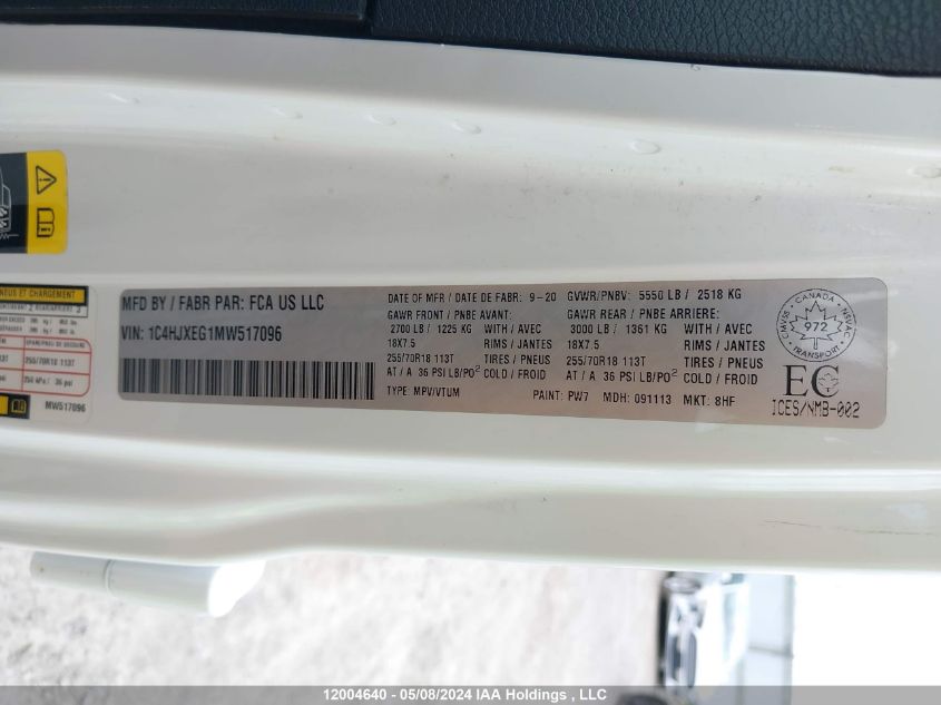 2021 Jeep Wrangler Unlimited Sahara VIN: 1C4HJXEG1MW517096 Lot: 12004640