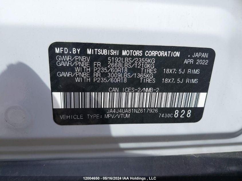 2022 Mitsubishi Outlander VIN: JA4J4UA81NZ617926 Lot: 12004650