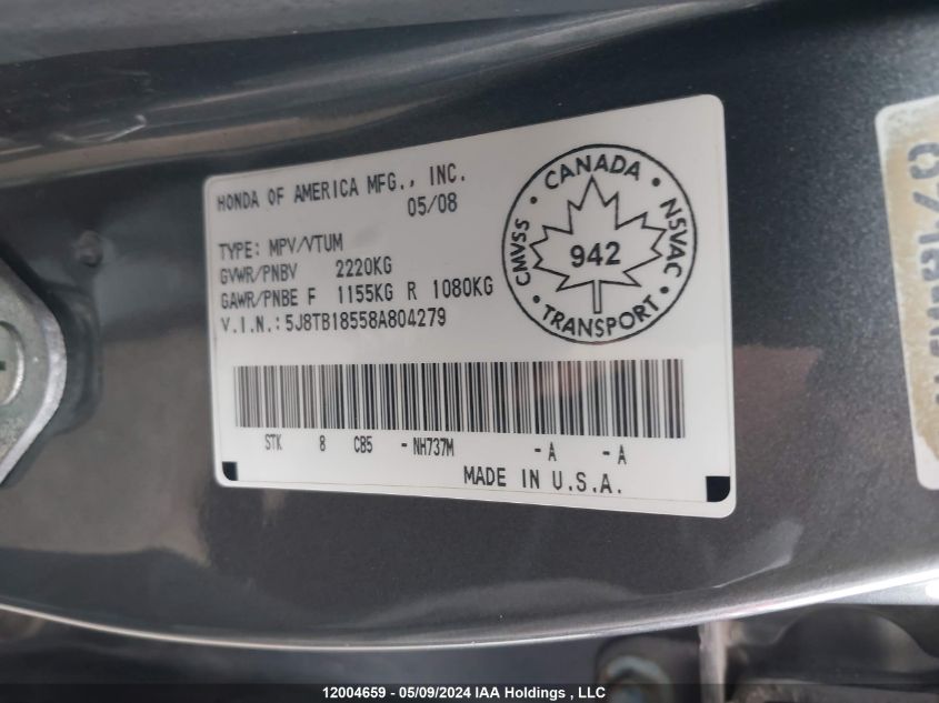 2008 Acura Rdx VIN: 5J8TB18558A804279 Lot: 12004659