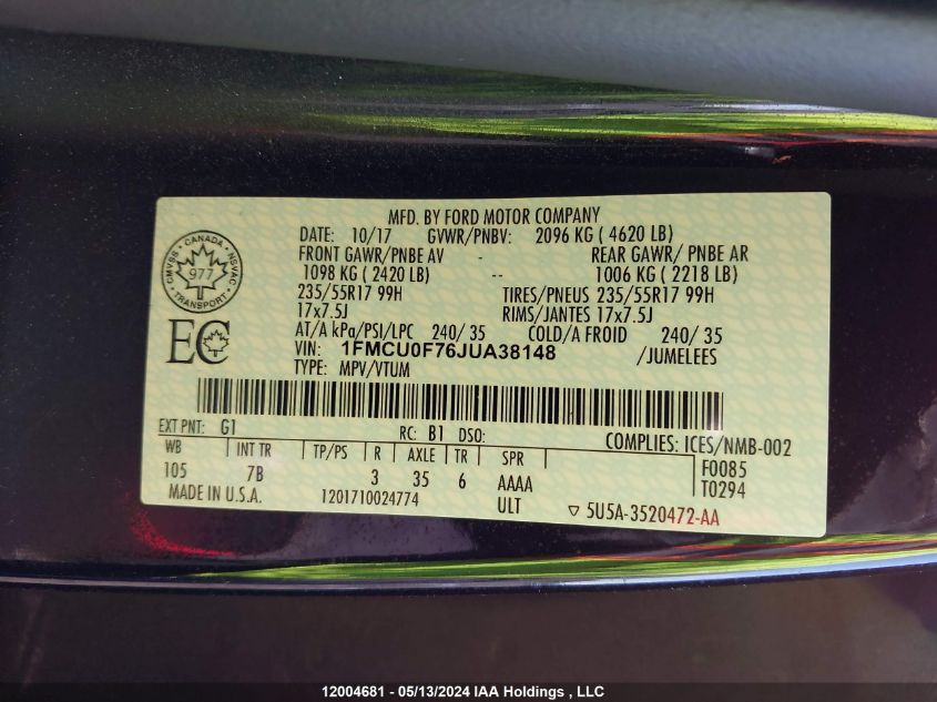 2018 Ford Escape S VIN: 1FMCU0F76JUA38148 Lot: 12004681