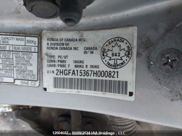 2007 Honda Civic Sdn VIN: 2HGFA15367H000821 Lot: 12004687