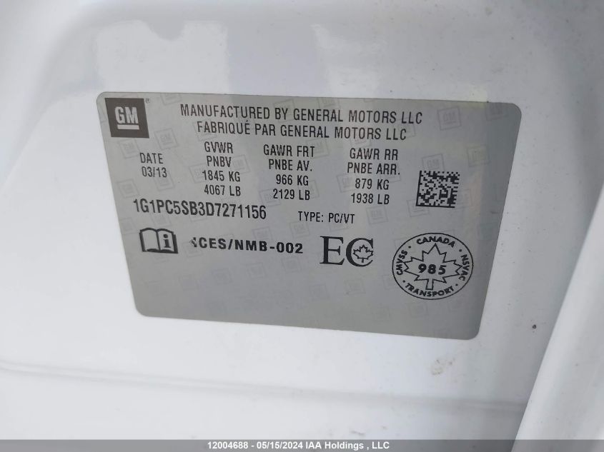 2013 Chevrolet Cruze VIN: 1G1PC5SB3D7271156 Lot: 12004688