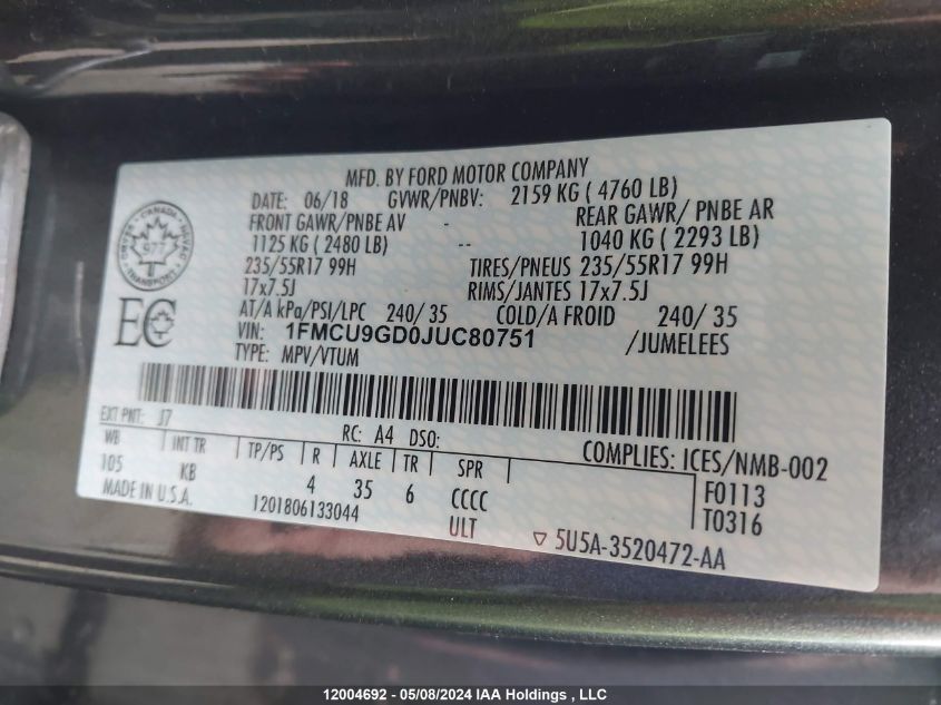 2018 Ford Escape Se VIN: 1FMCU9GD0JUC80751 Lot: 12004692