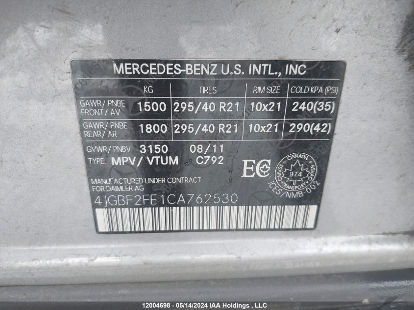 2012 Mercedes-Benz Gl-Class VIN: 4JGBF2FE1CA762530 Lot: 12004698