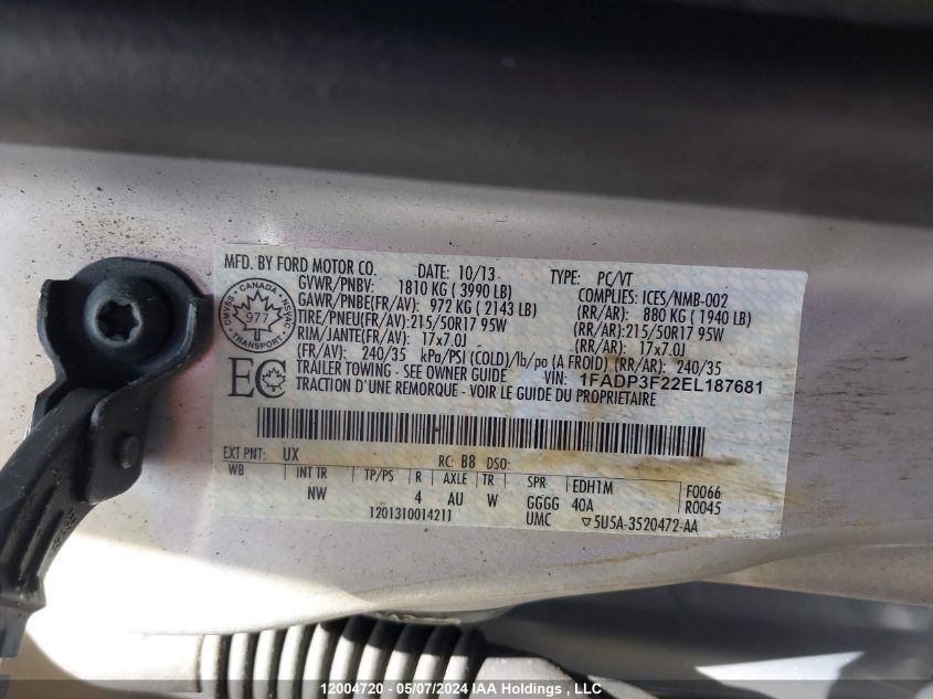 2014 Ford Focus Se VIN: 1FADP3F22EL187681 Lot: 12004720