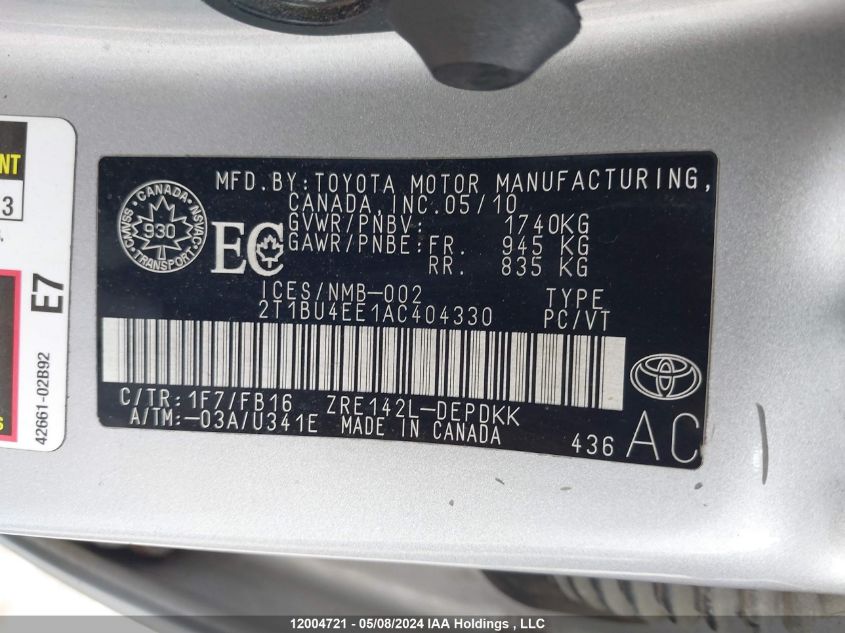 2010 Toyota Corolla S/Le/Xle VIN: 2T1BU4EE1AC404330 Lot: 12004721