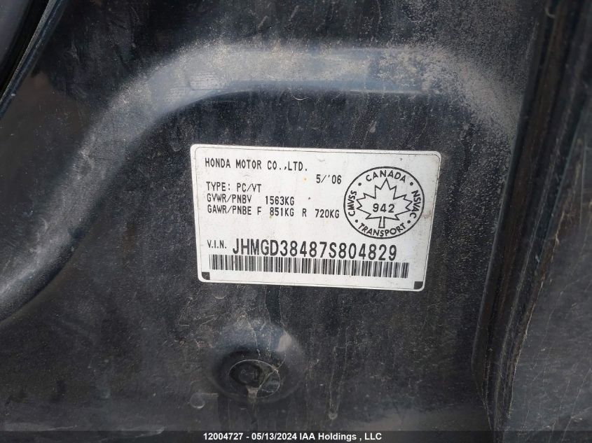 2007 Honda Fit VIN: JHMGD38487S804829 Lot: 12004727