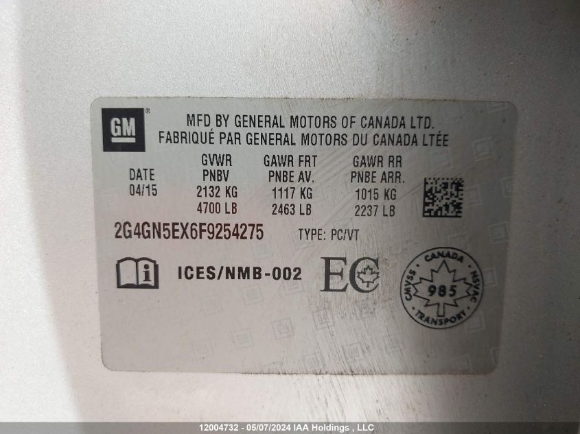 2015 Buick Regal VIN: 2G4GN5EX6F9254275 Lot: 12004732