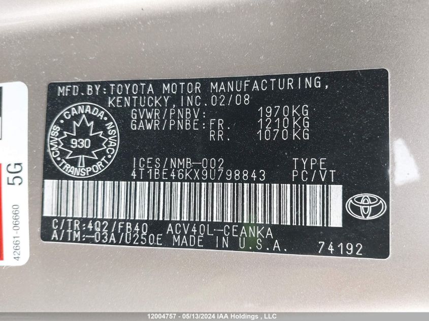 2009 Toyota Camry Se/Le/Xle VIN: 4T1BE46KX9U798843 Lot: 12004757