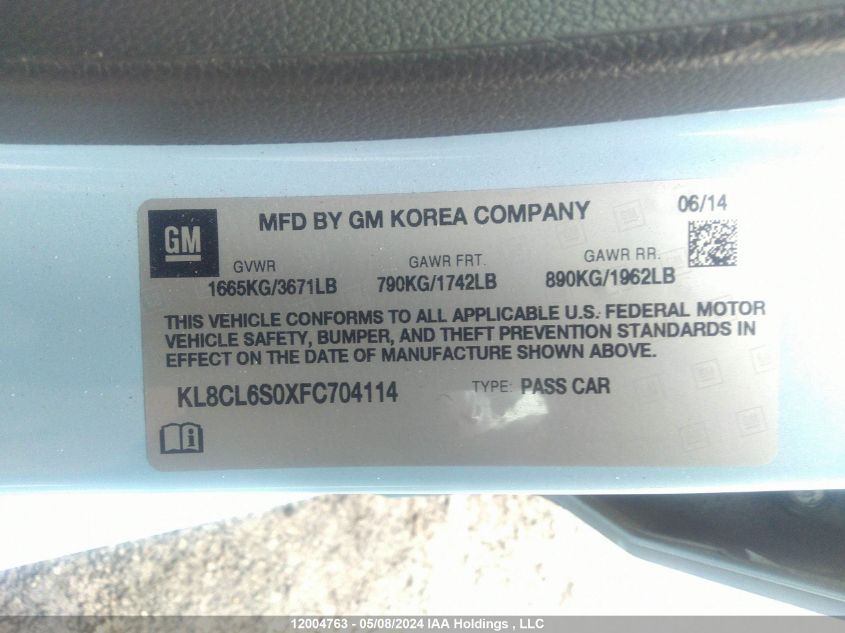 2015 Chevrolet Spark Ev 2Lt VIN: KL8CL6S0XFC704114 Lot: 12004763