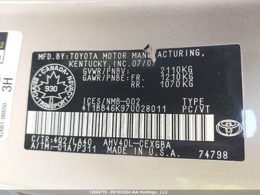 2007 Toyota Camry Hybrid VIN: 4T1BB46K97U028011 Lot: 12004778