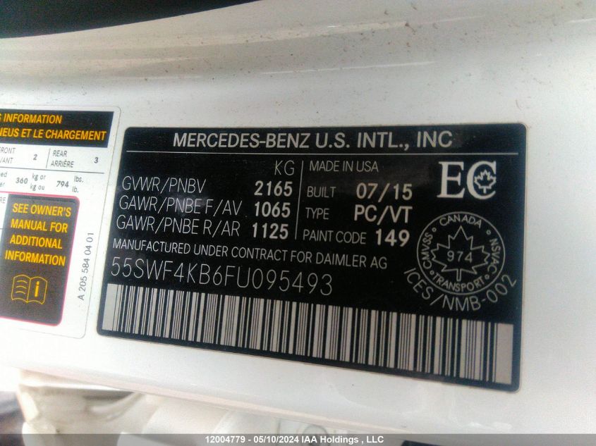 2015 Mercedes-Benz C-Class VIN: 55SWF4KB6FU095493 Lot: 12004779