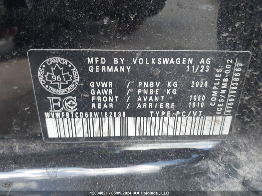 2024 Volkswagen Golf R VIN: WVWFB7CD6RW152936 Lot: 12004821