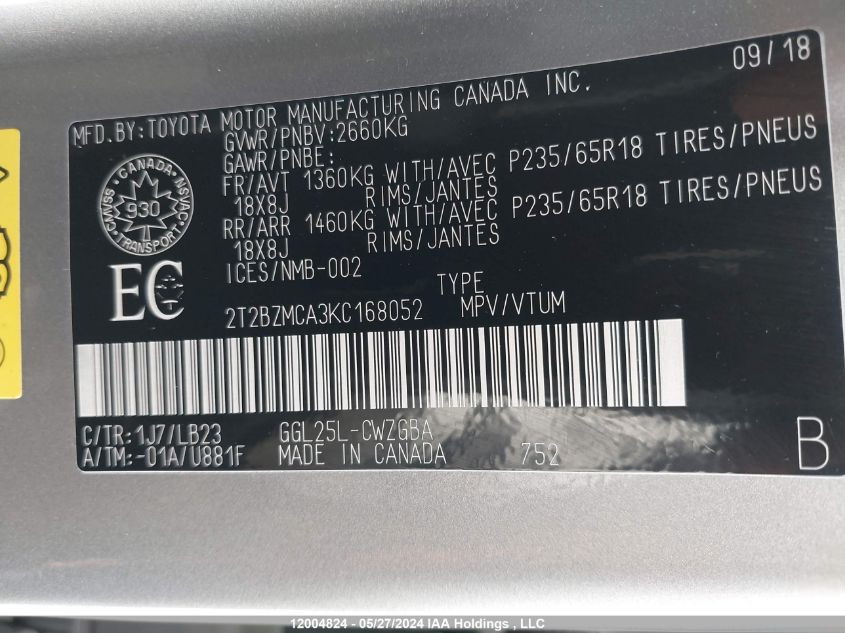 2019 Lexus Rx 350 VIN: 2T2BZMCA3KC168052 Lot: 12004824