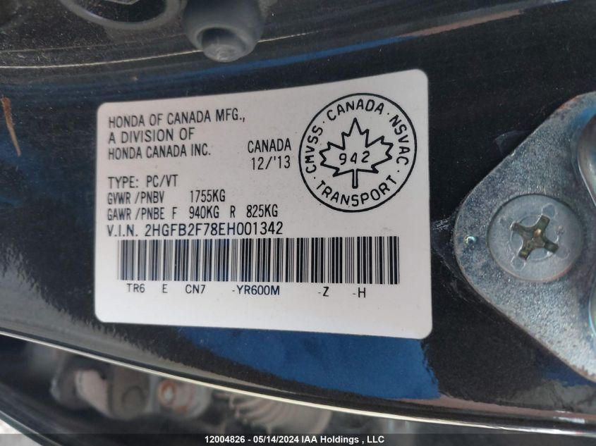 2014 Honda Civic Sedan VIN: 2HGFB2F78EH001342 Lot: 12004826