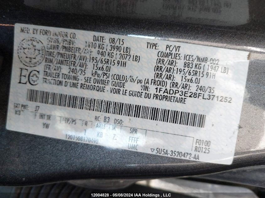 2015 Ford Focus S VIN: 1FADP3E28FL371252 Lot: 12004828