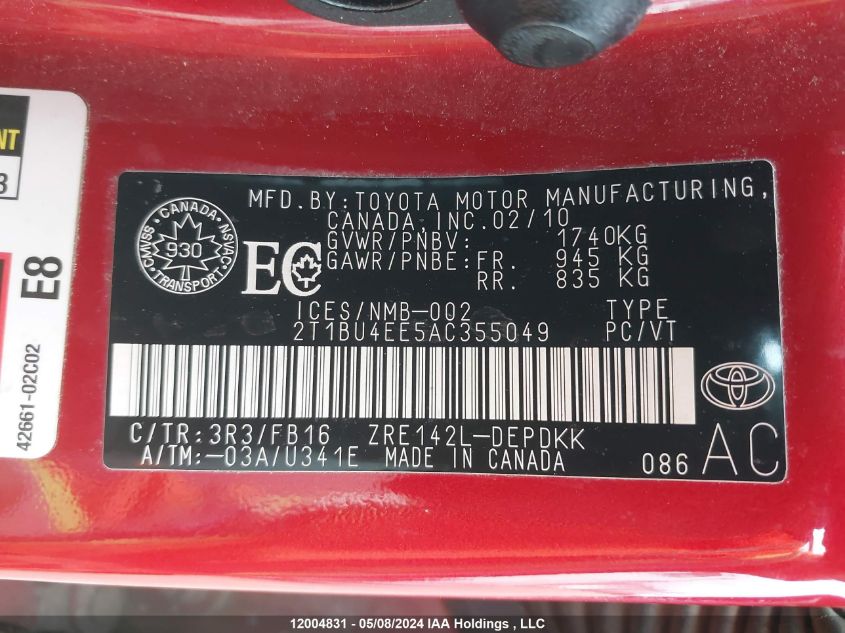 2010 Toyota Corolla S/Le/Xle VIN: 2T1BU4EE5AC355049 Lot: 12004831