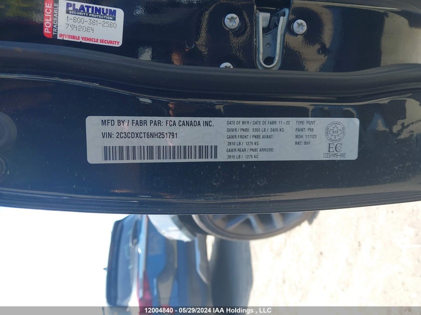 2022 Dodge Charger VIN: 2C3CDXCT6NH251791 Lot: 12004840