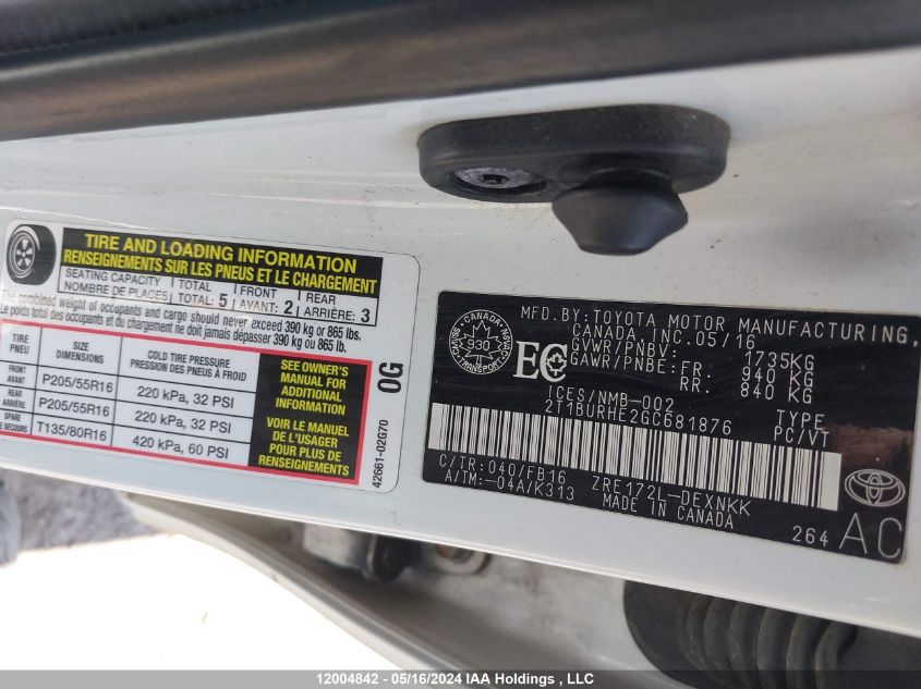 2016 Toyota Corolla Le VIN: 2T1BURHE2GC681876 Lot: 12004842