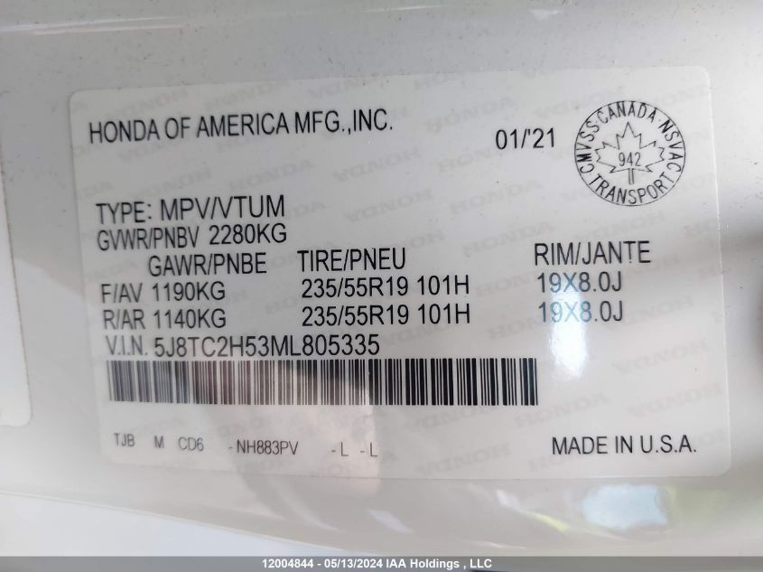 2021 Acura Rdx Technology VIN: 5J8TC2H53ML805335 Lot: 12004844