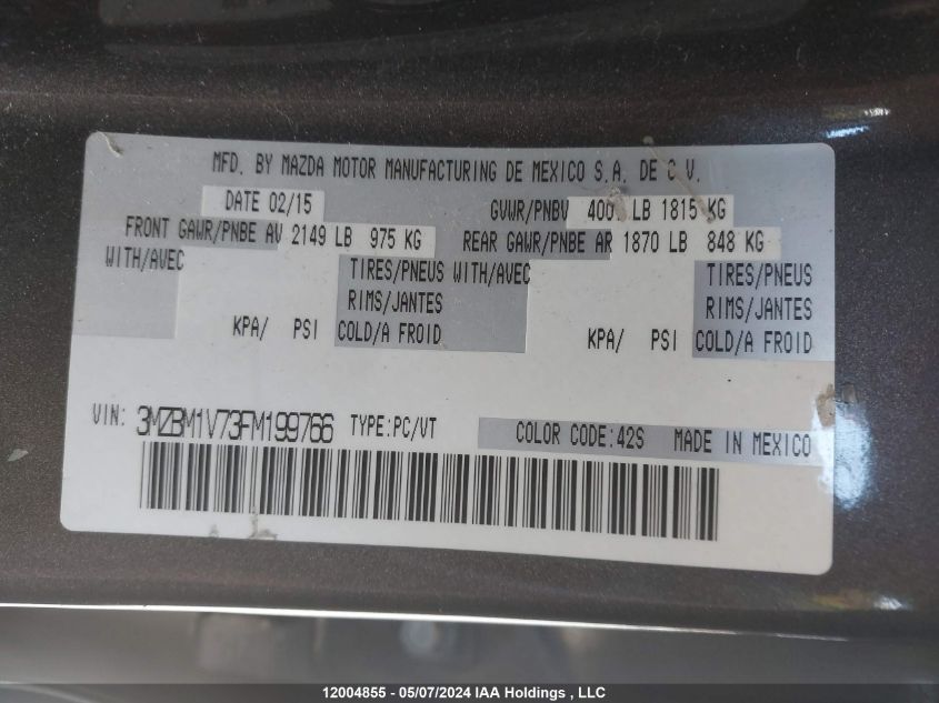 2015 Mazda Mazda3 VIN: 3MZBM1V73FM199766 Lot: 12004855