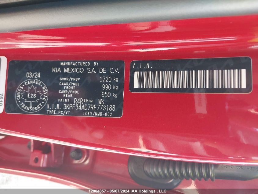 2024 Kia Forte VIN: 3KPF34AD7RE773188 Lot: 12004857