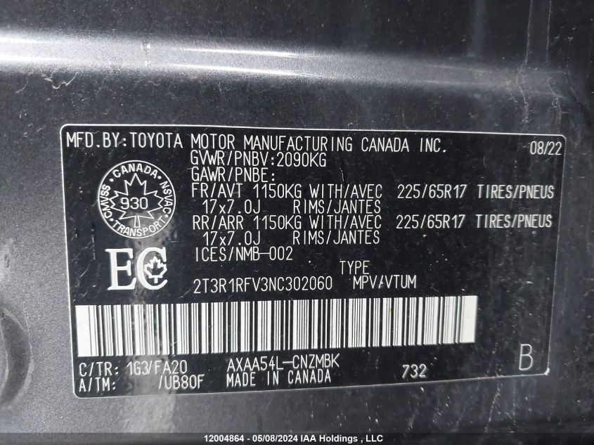 2022 Toyota Rav4 Xle/Xle Premium VIN: 2T3R1RFV3NC302060 Lot: 12004864