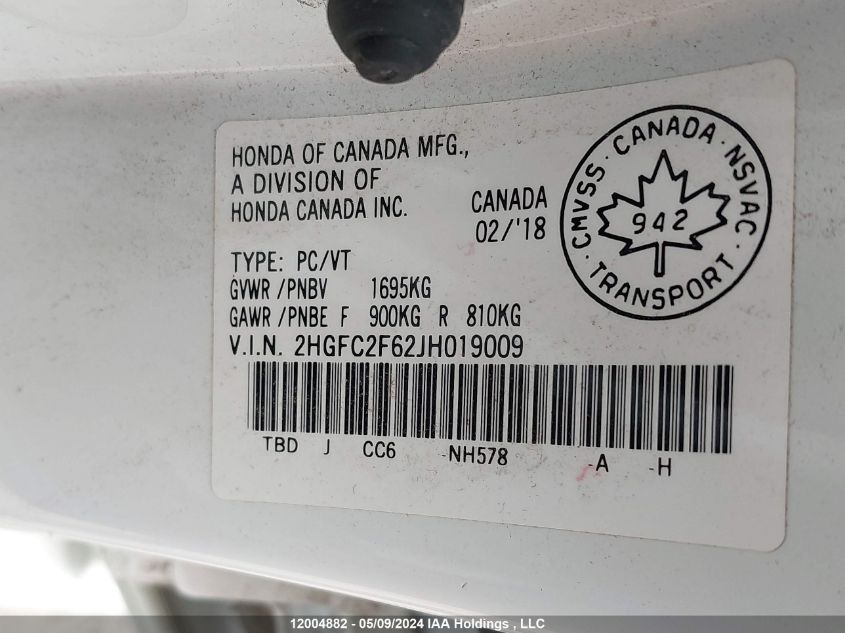 2018 Honda Civic Sedan VIN: 2HGFC2F62JH019009 Lot: 12004882