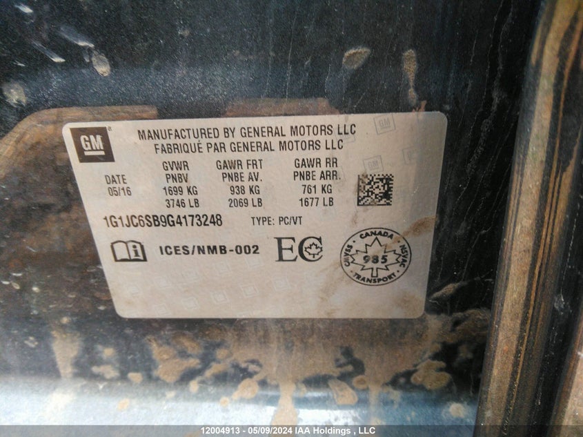 2016 Chevrolet Sonic VIN: 1G1JC6SB9G4173248 Lot: 12004913