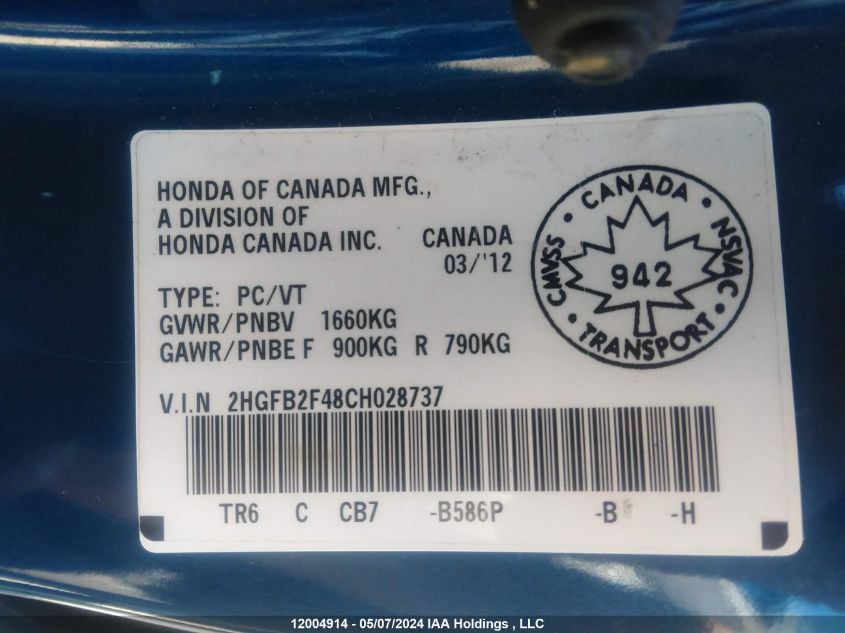 2012 Honda Civic Lx VIN: 2HGFB2F48CH028737 Lot: 12004914