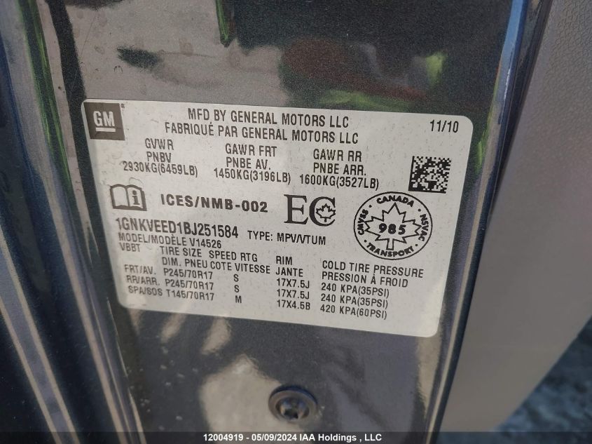 2011 Chevrolet Traverse VIN: 1GNKVEED1BJ251584 Lot: 12004919