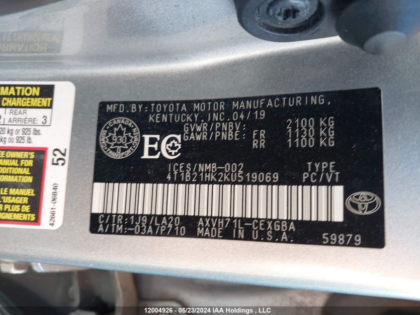 2019 Toyota Camry Hybrid Le/Se/Xle VIN: 4T1B21HK2KU519069 Lot: 12004926