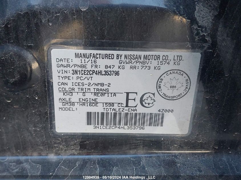 2017 Nissan Versa Note VIN: 3N1CE2CP4HL353796 Lot: 12004935