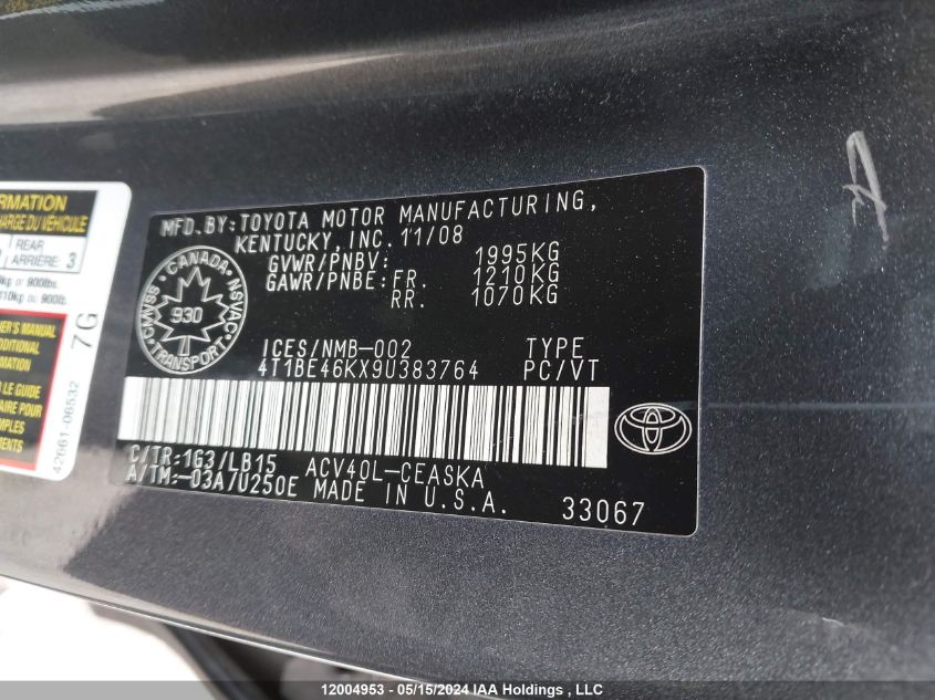 2009 Toyota Camry Se/Le/Xle VIN: 4T1BE46KX9U383764 Lot: 12004953