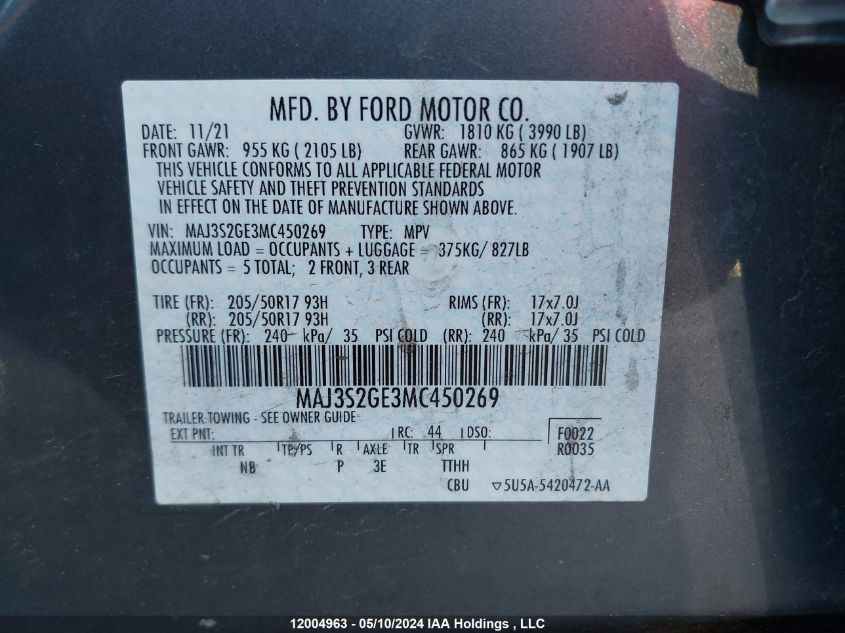 2021 Ford Ecosport Se VIN: MAJ3S2GE3MC450269 Lot: 12004963